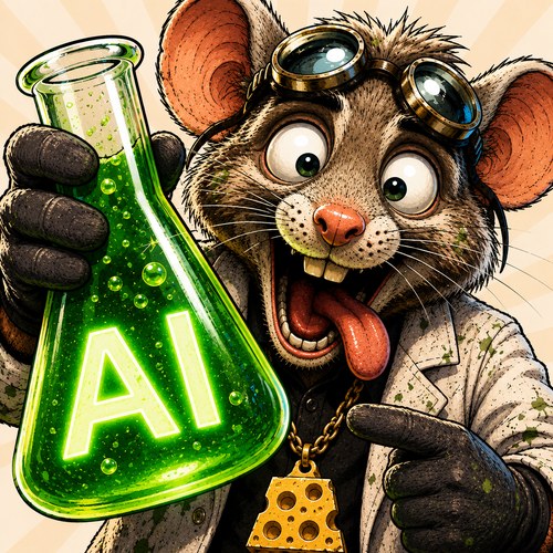AI Labs Coin mascot: a lab rat in goggles holding a flask of glowing green AI serum